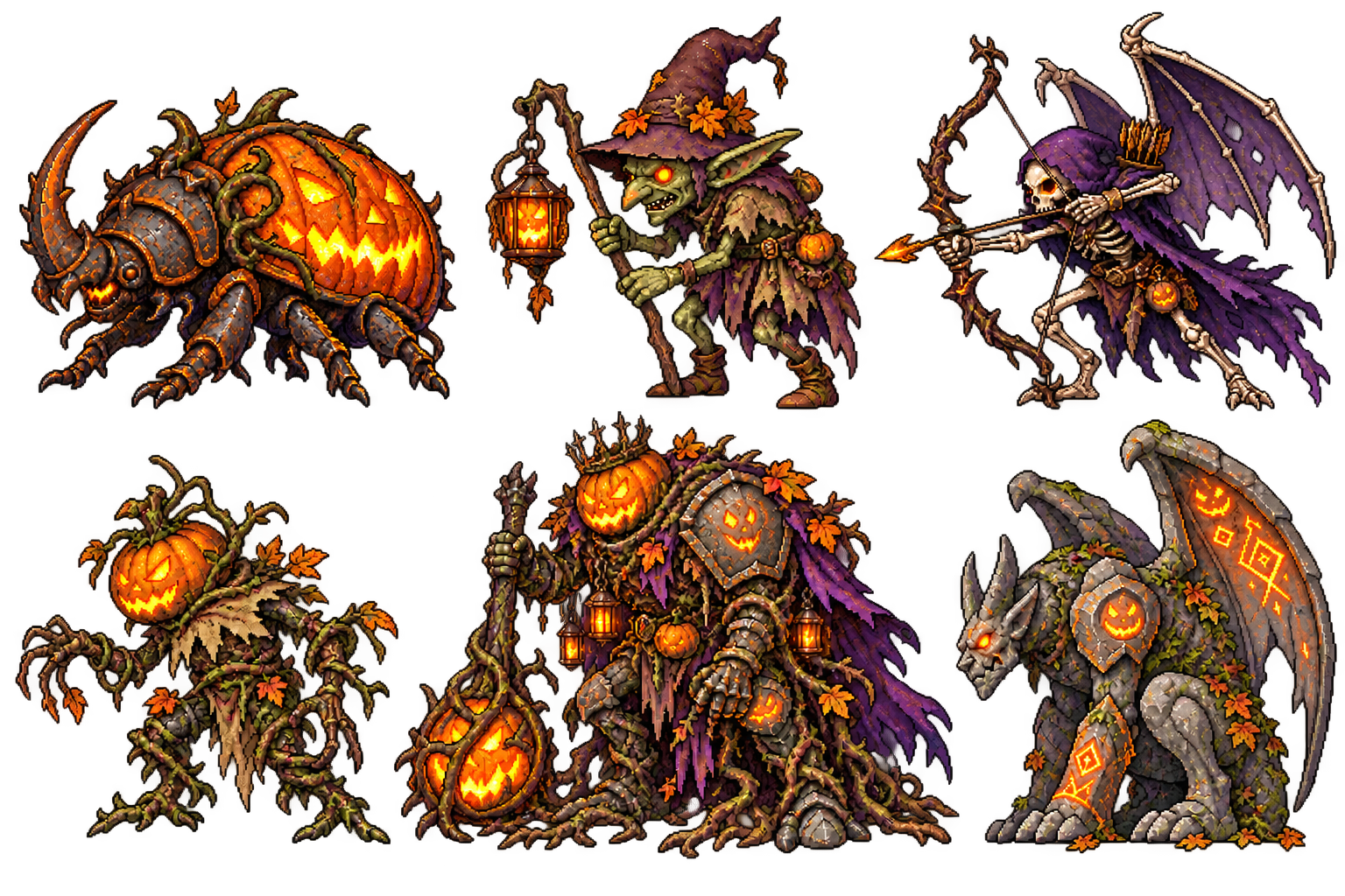Halloween dungeon enemies with pumpkin armor, a skeletal archer and a haunted guardian
