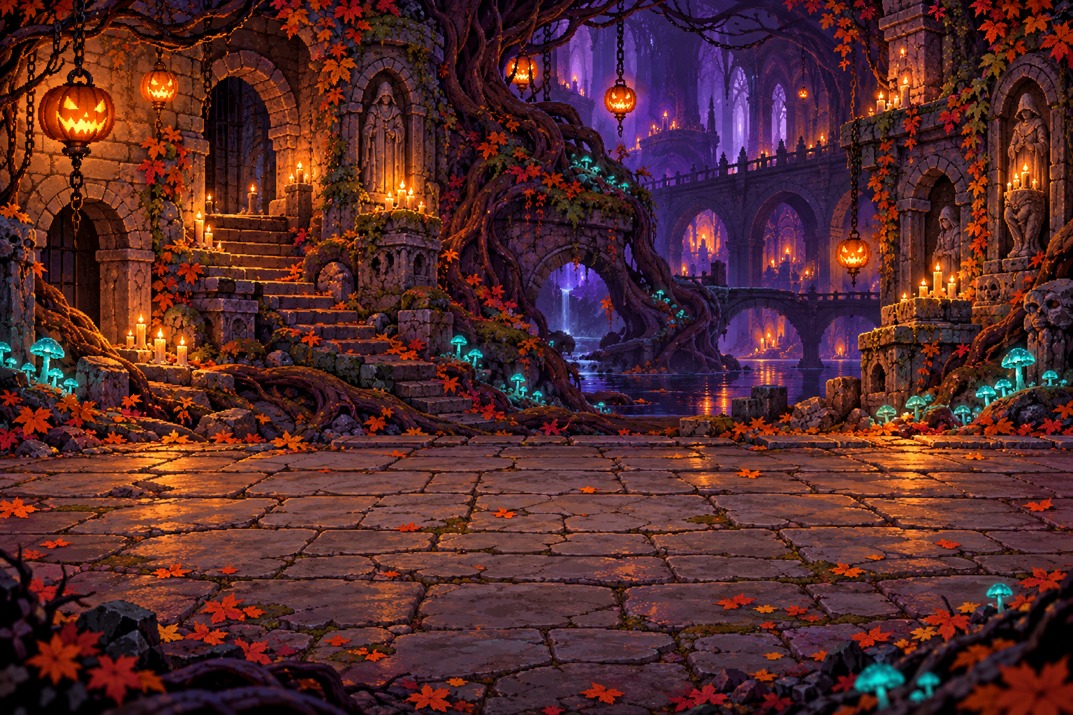 A haunted woodland crypt lit by carved pumpkin lanterns