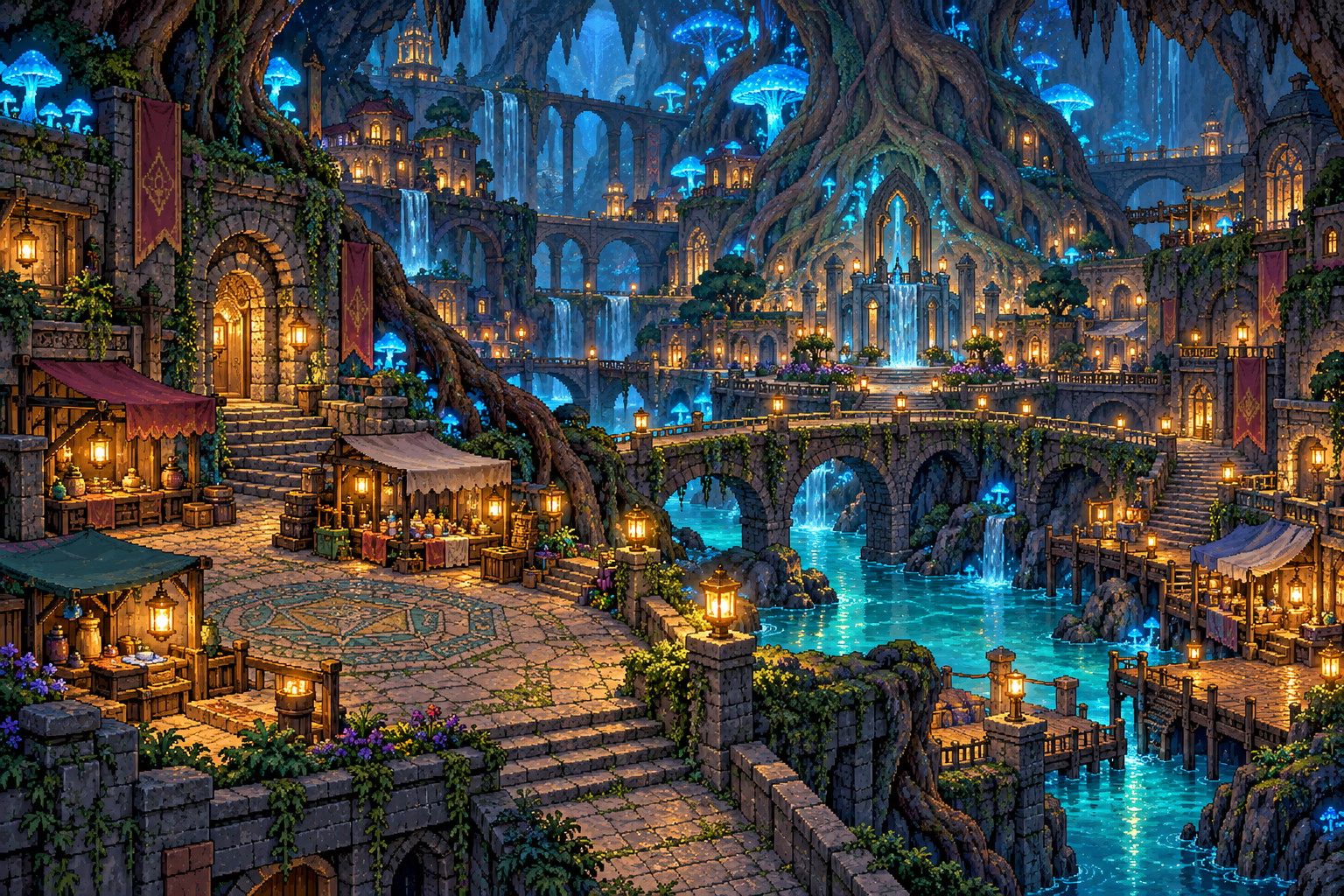 Lanternrest underground city with glowing mushrooms, bridges and warm market lanterns